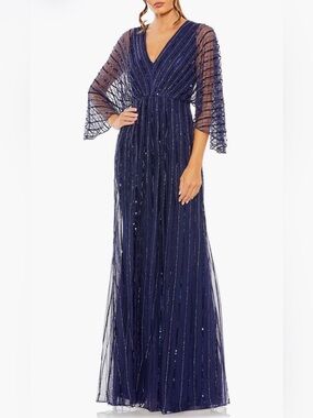 Mac Duggal Navy Sequined Beaded Stripe Cap Sleeve V-Neck Gown Maxi Dress